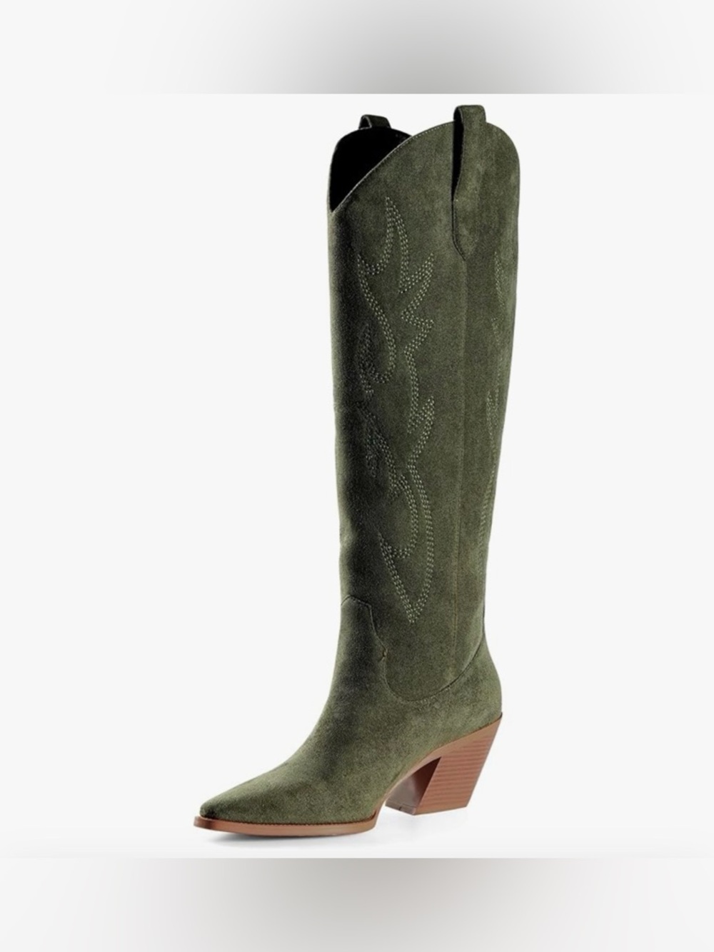 iiimmu Knee High Pointed Toe and Block Cowboy Suede and Faux Leather Boot